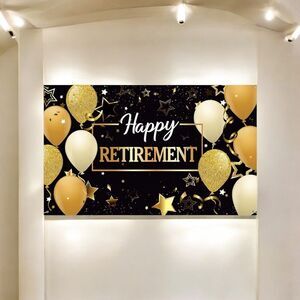 Extra Large Fabric With Grommets/ Ties Black and Gold Happy Retirement! 43"x72"